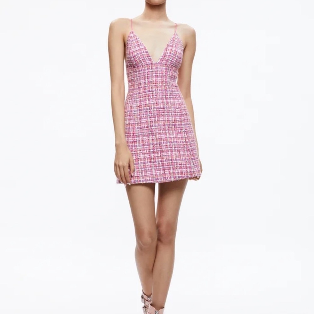 Alice + Olivia Womens Carli Spaghetti Strap Tweed Mini Dress Sz 10 Pink V Neck